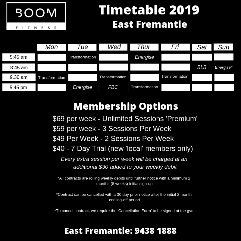 Class Schedule for personal fitness training with Boom Fitness in East Fremantle and Scarborough