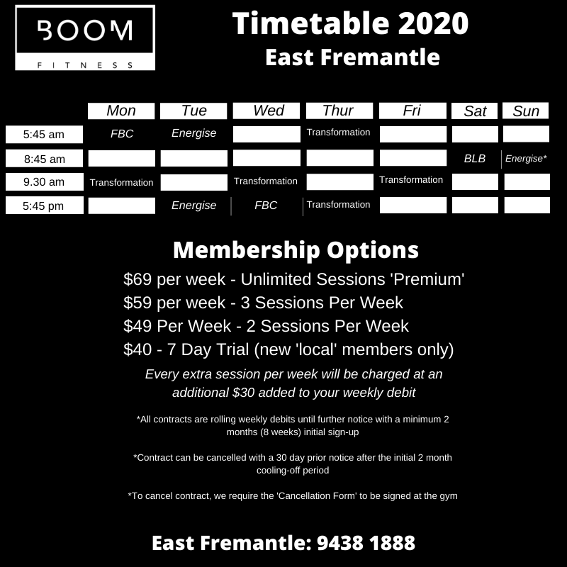 Class Schedule for personal fitness training with Boom Fitness in East Fremantle and Scarborough