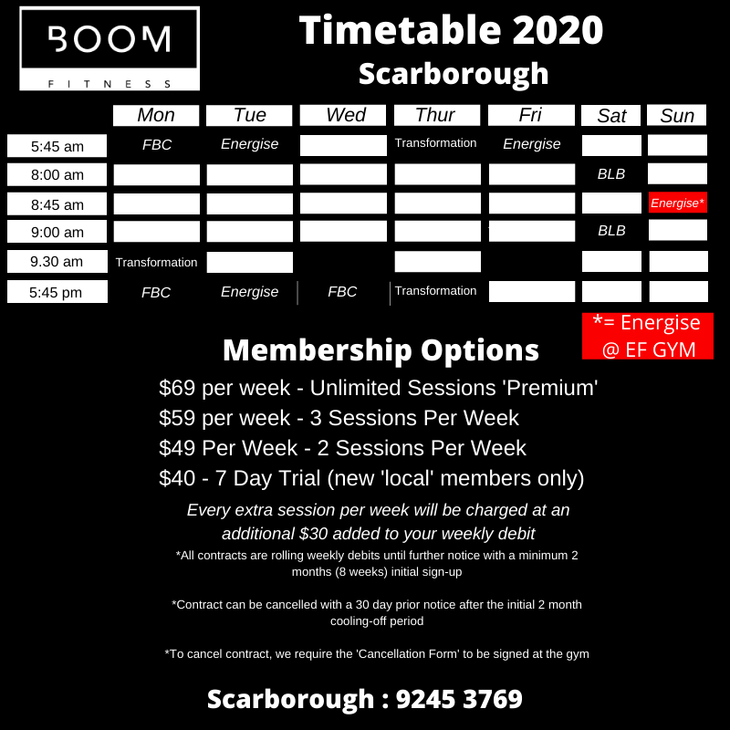 Class Schedule for personal fitness training with Boom Fitness in East Fremantle and Scarborough