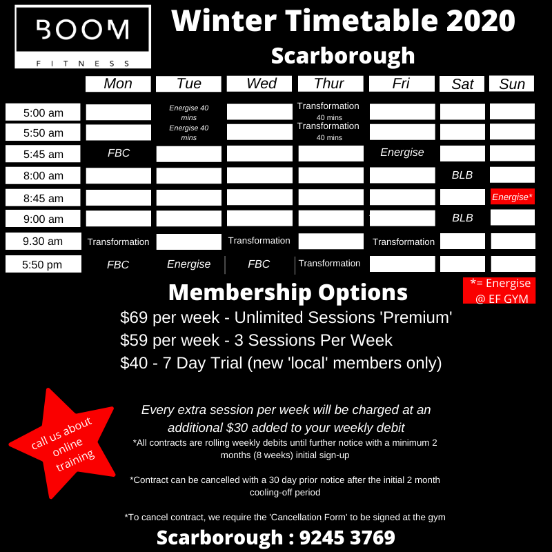 Class Schedule for personal fitness training with Boom Fitness in East Fremantle and Scarborough