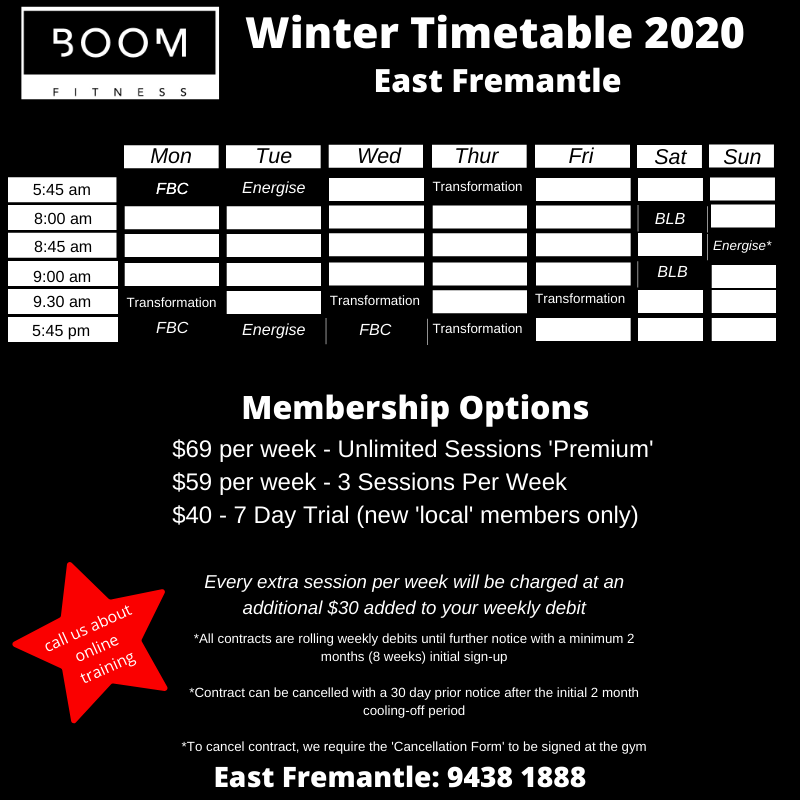 Class Schedule for personal fitness training with Boom Fitness in East Fremantle and Scarborough